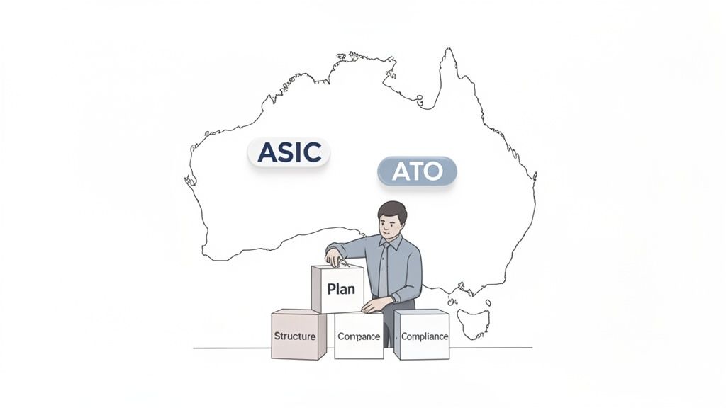 Illustration of company formation in Australia, with ASIC, ATO, and steps like plan, structure, compliance.