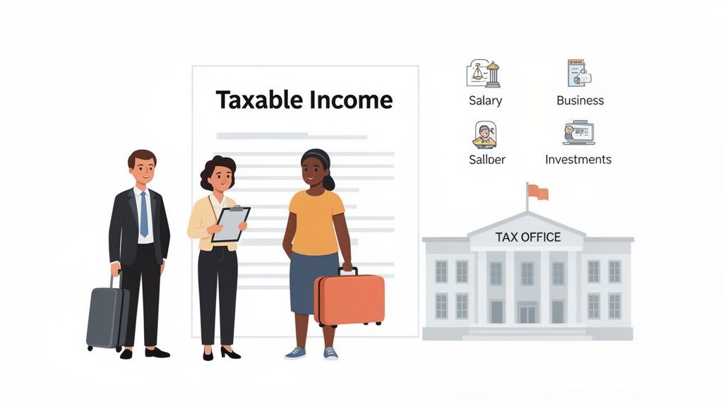 People review a 'Taxable Income' document with sources like salary, business, and investments, near a tax office.