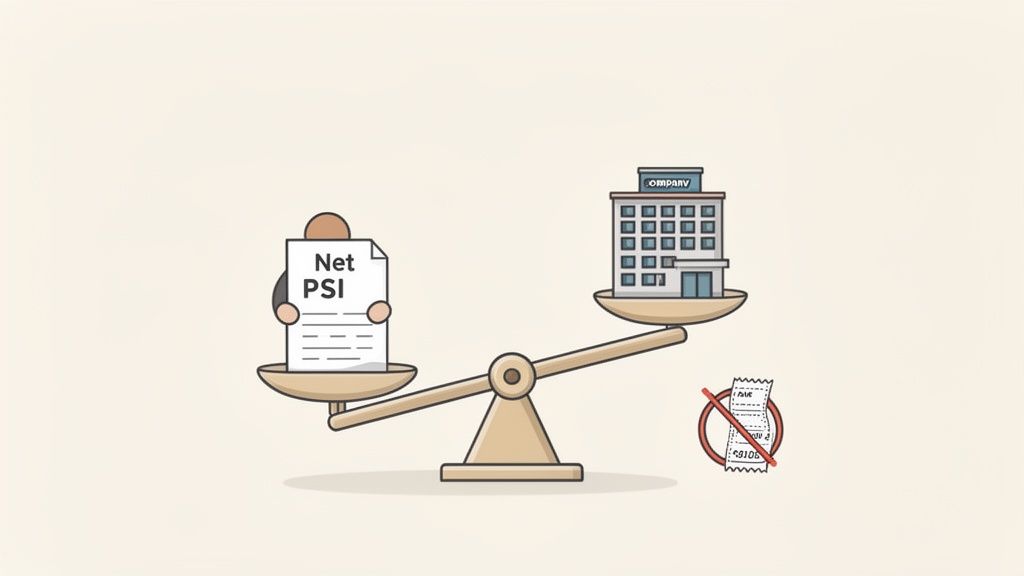 A balanced scale showing Net PSI income document against a company building, with a crossed-out receipt.