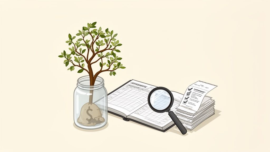 A money tree in a jar with dollar signs, next to a ledger, magnifying glass, and financial documents.