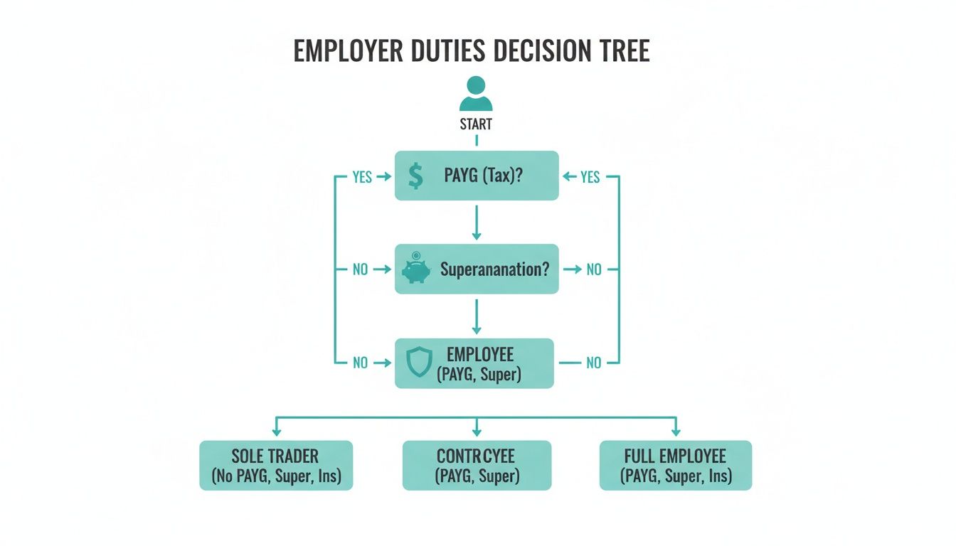Decision tree illustrating employer duties and employee classifications based on PAYG, superannuation, and employee status.