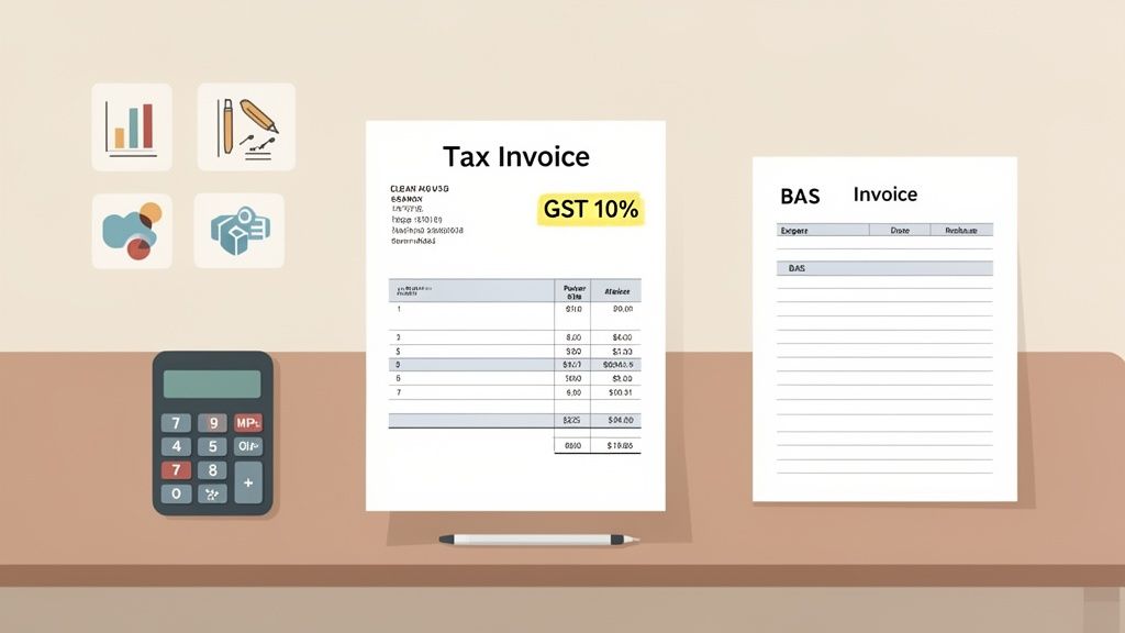 Desk scene with calculator, pen, business icons, and tax invoices, highlighting GST 10%.
