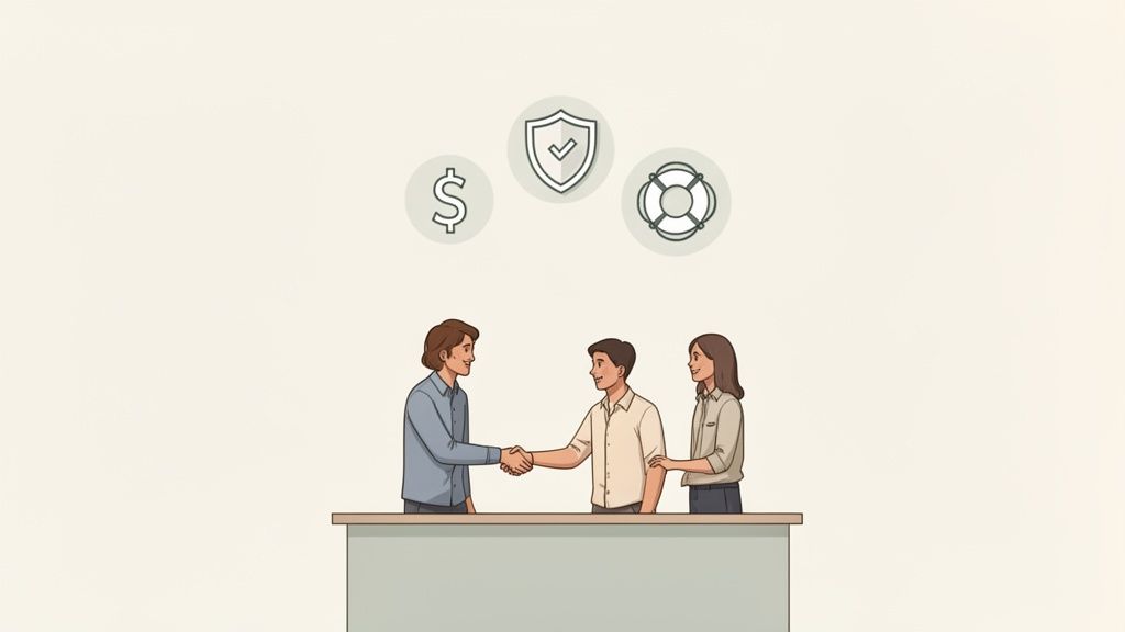 Three people shaking hands above a counter, with icons for money, security, and safety.