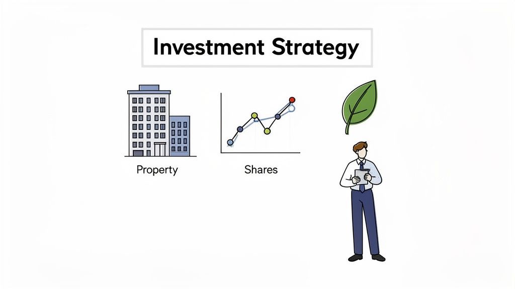 An illustration titled 'Investment Strategy' showing property, shares graph, and a man representing sustainable investments.
