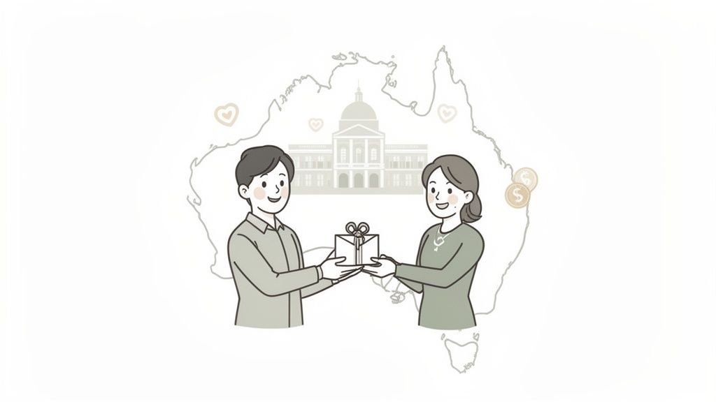 Illustration of a man and woman exchanging a gift box in front of a map of Australia.