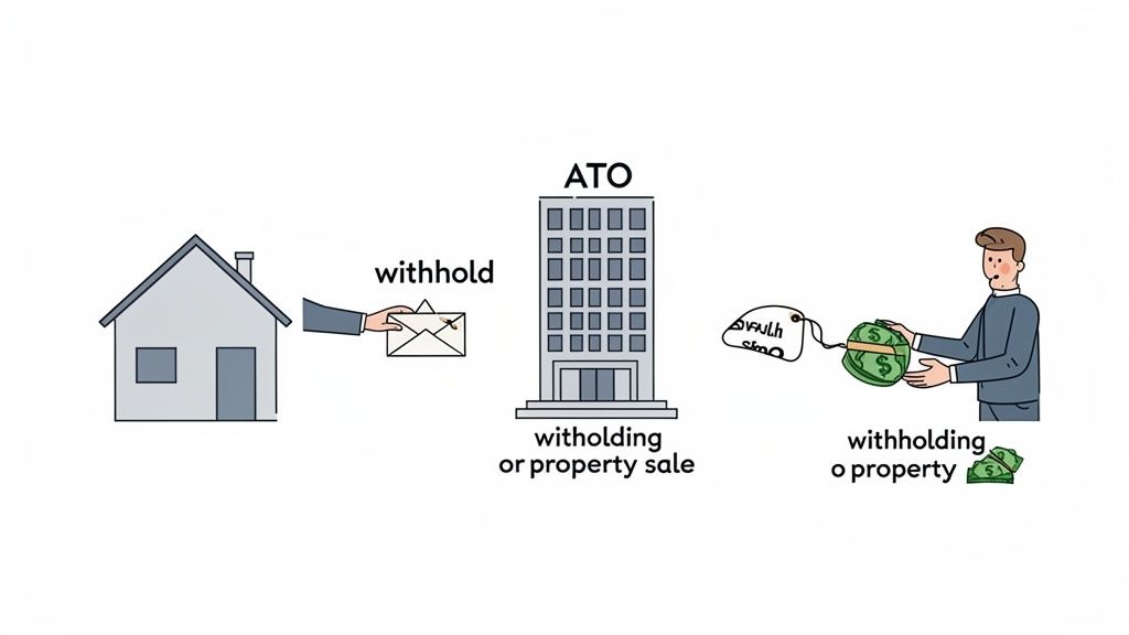 An illustration of tax withholding process, showing a house, an envelope, an ATO building, and a person with money for property sales.