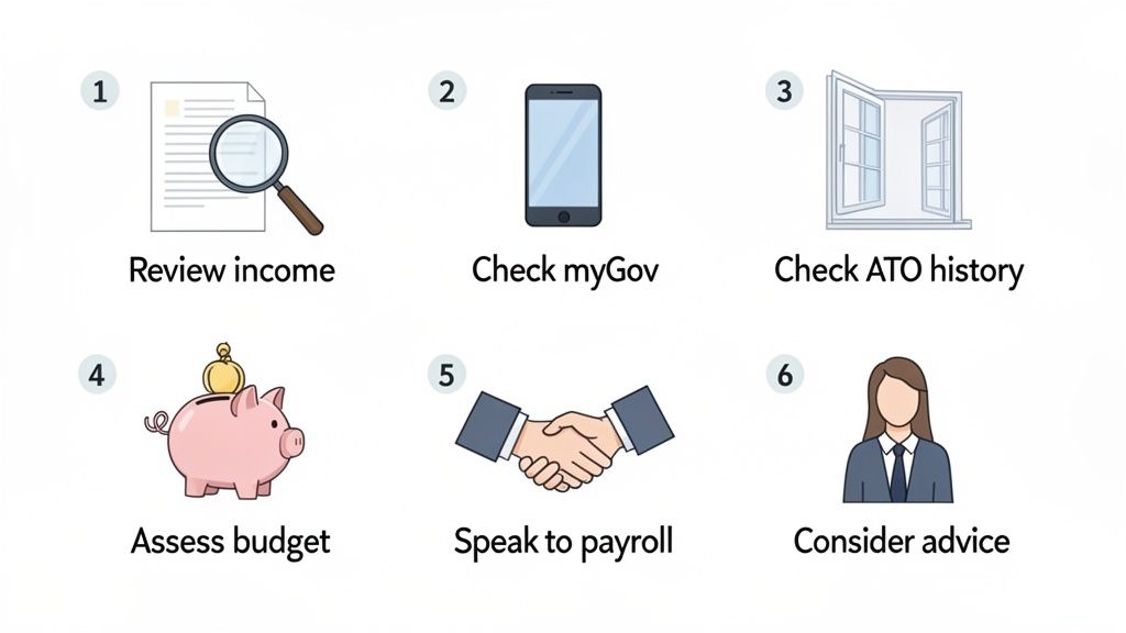 A diagram illustrating six steps for financial review, including income, myGov, ATO history, budget, payroll, and advice.