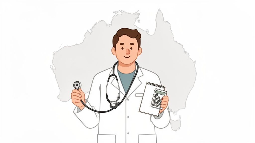 Smiling doctor in white coat holding stethoscope and calculator with Australian map background.