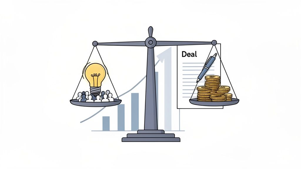 A balanced scale illustrates the value exchange between ideas, people, and a business deal with money.