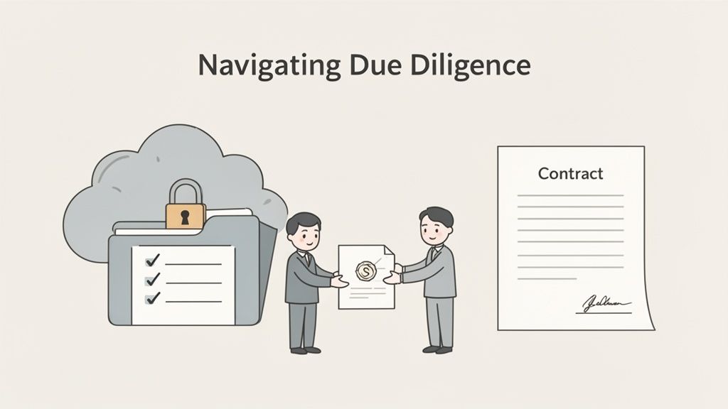 Two businessmen performing due diligence, exchanging a document, with a secure cloud folder, and a signed contract.