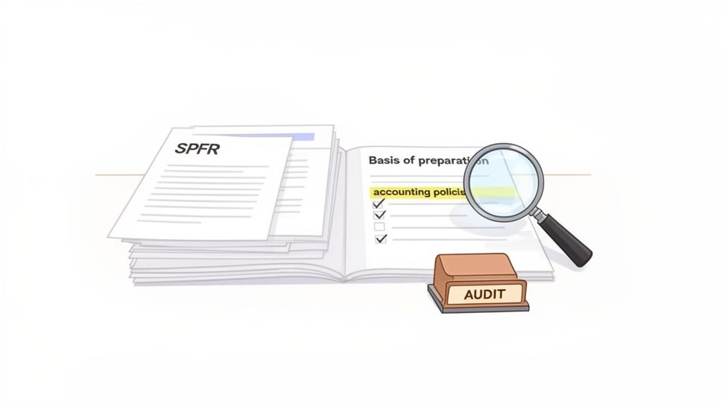 A magnifying glass examines 'accounting policies' in a report, with SPFR documents and an audit file.