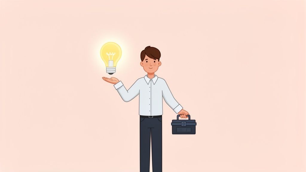 A cartoon man in a white shirt holds a glowing lightbulb and a dark blue toolbox.