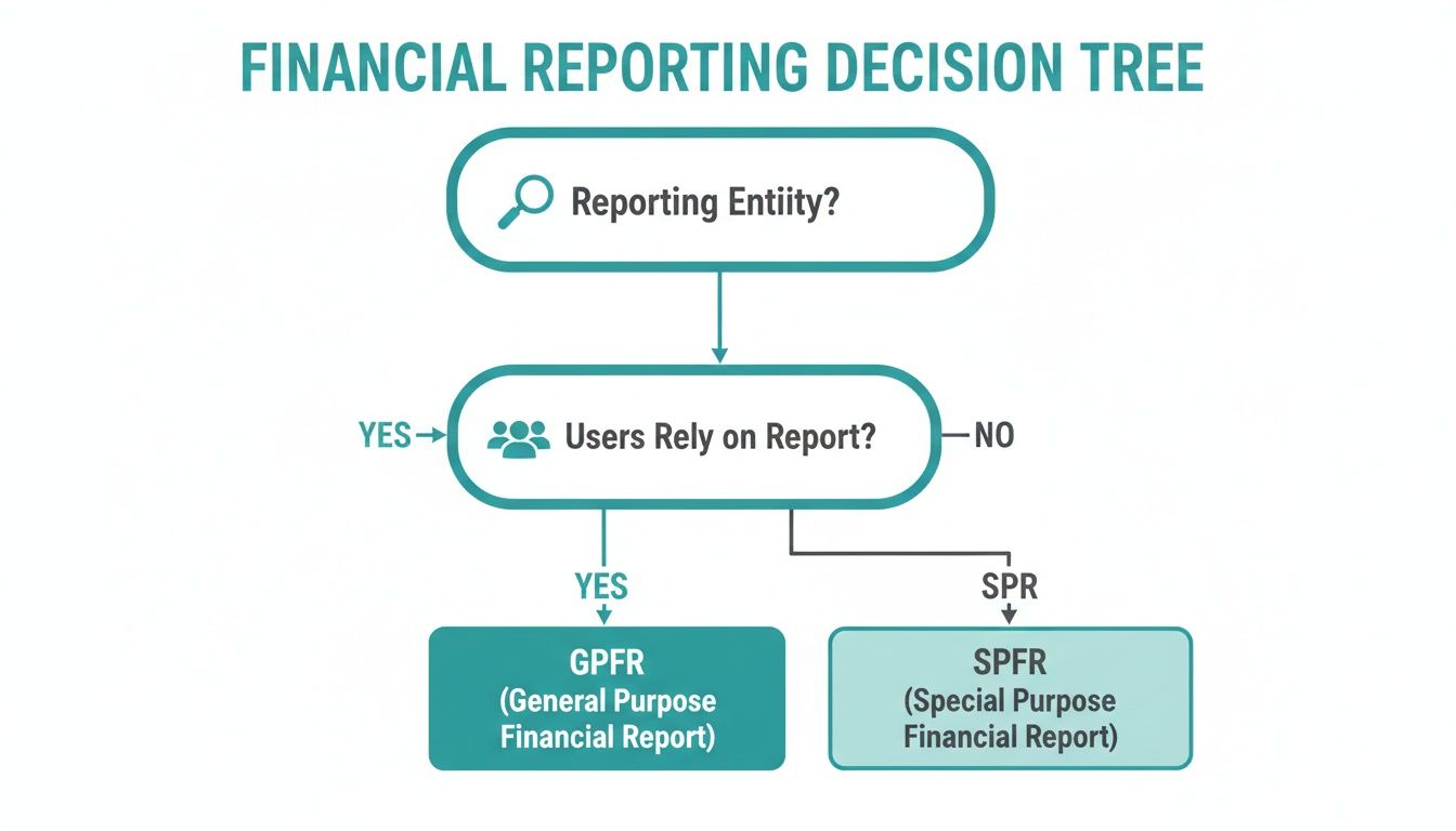 A flowchart illustrating the decision process for financial reporting, leading to general or special purpose reports.