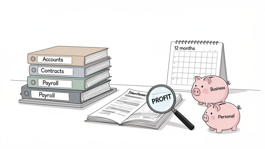 Illustration of financial documents, business and personal savings, a calendar, and magnifying glass on profit.
