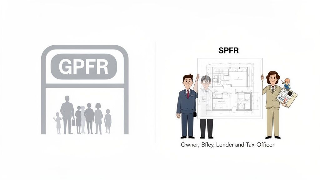 An illustration comparing GPFR for general public (family silhouettes) and SPFR for specific stakeholders like owners, lenders, and tax officers.