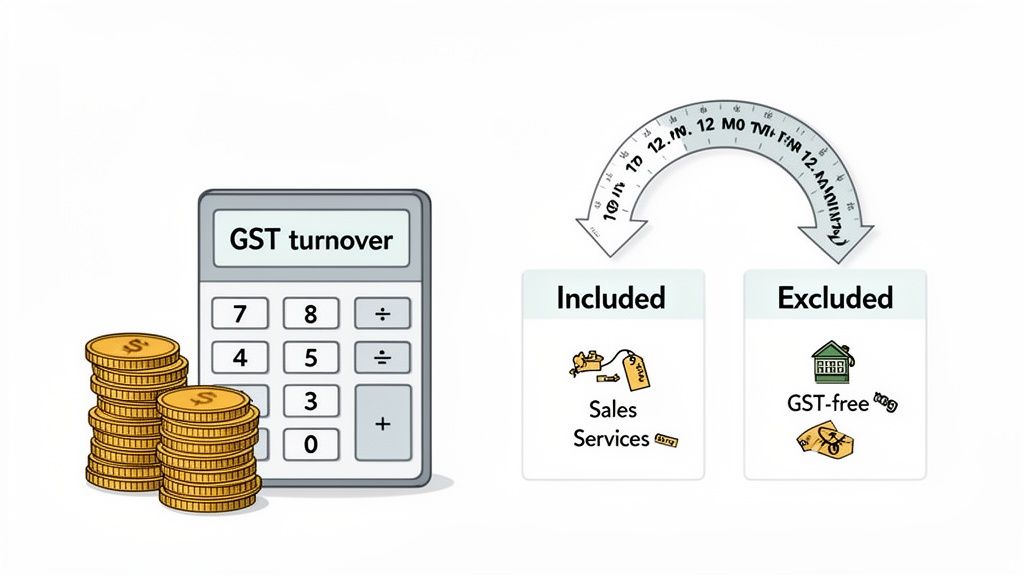 GST turnover calculator with coins, showing included sales/services and excluded GST-free items for calculation.