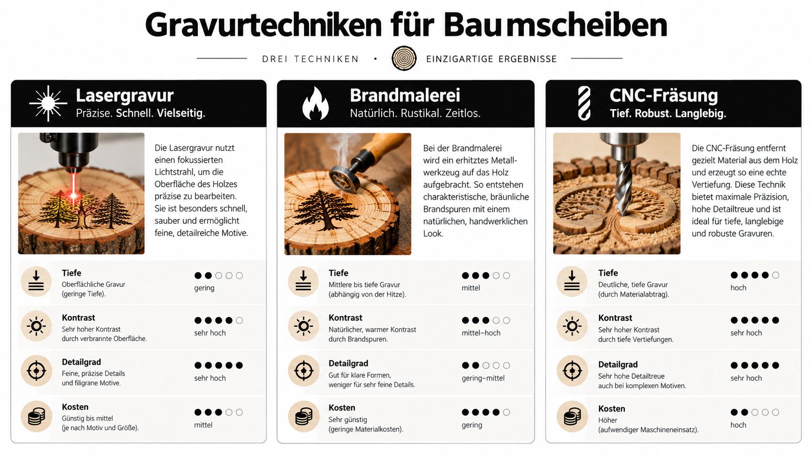 Vergleich von Lasergravur, Brandmalerei und CNC-Fräsung für die Veredelung von Baumscheiben mit Vor- und Nachteilen.