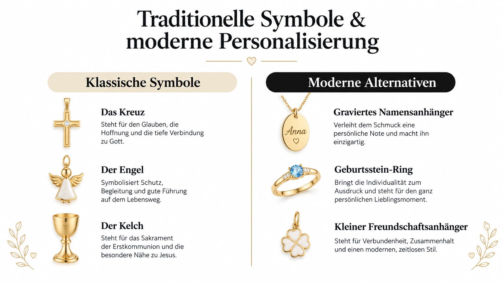 Eine Übersicht von traditionellen Kommunionssymbolen wie Kreuz und Kelch im Vergleich zu modernen, personalisierten Schmuckstücken.
