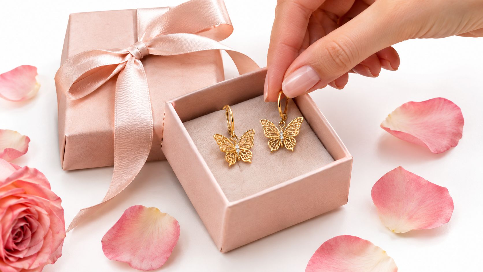 Goldene Schmetterlings-Ohrringe in einer eleganten Geschenkbox mit rosafarbenen Rosenblüten auf einem weißen Untergrund präsentiert.