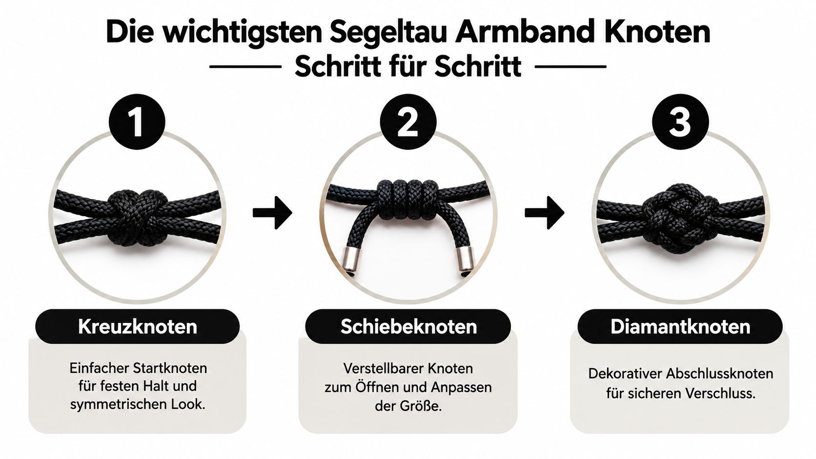 Eine Anleitung in drei Schritten zeigt verschiedene Segeltau Armband Knoten: Kreuzknoten, Schiebeknoten und den dekorativen Diamantknoten.