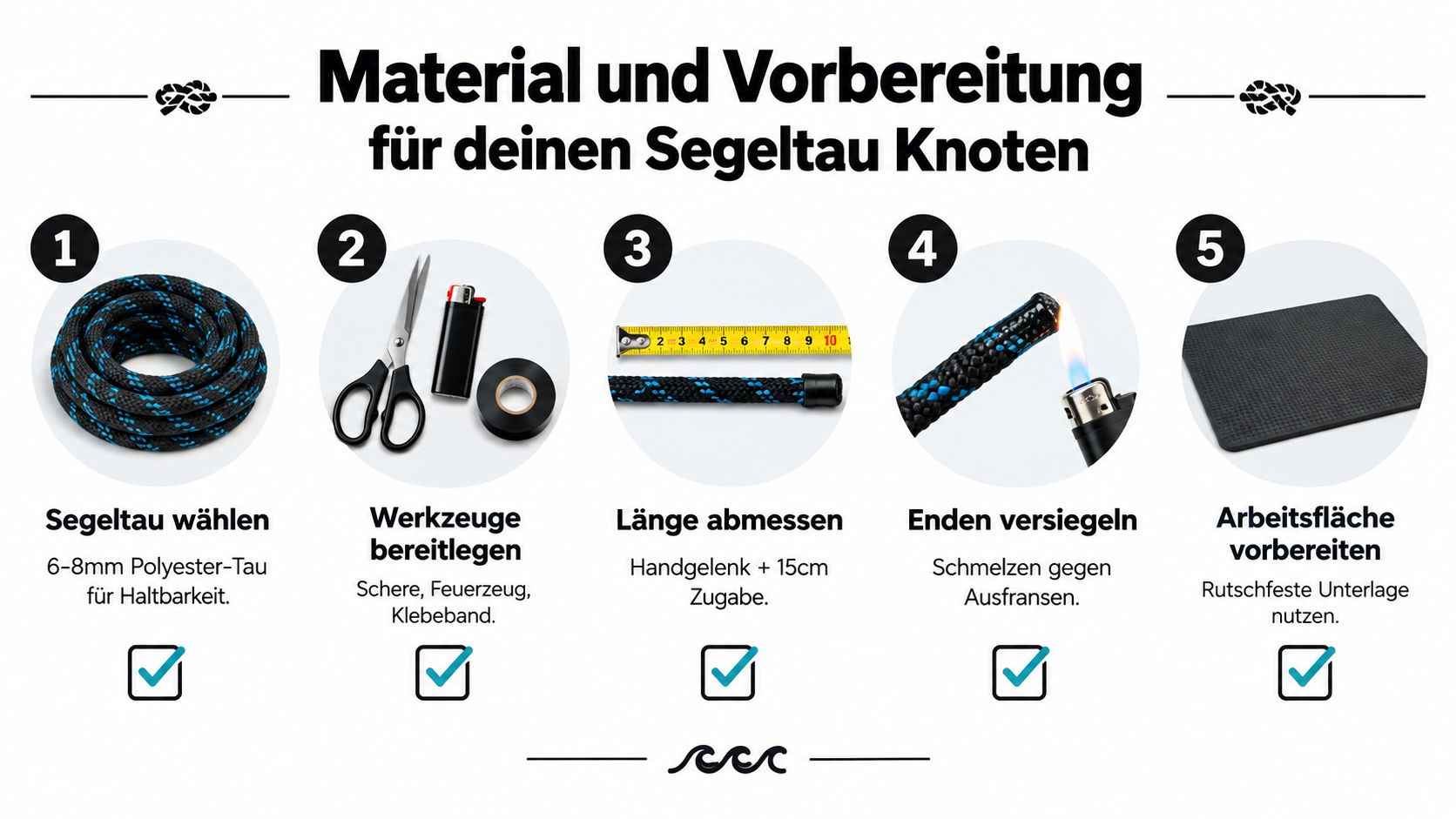Eine Infografik mit fünf Schritten zur Vorbereitung von Materialien für das Knüpfen eines Armbands aus Segeltau.