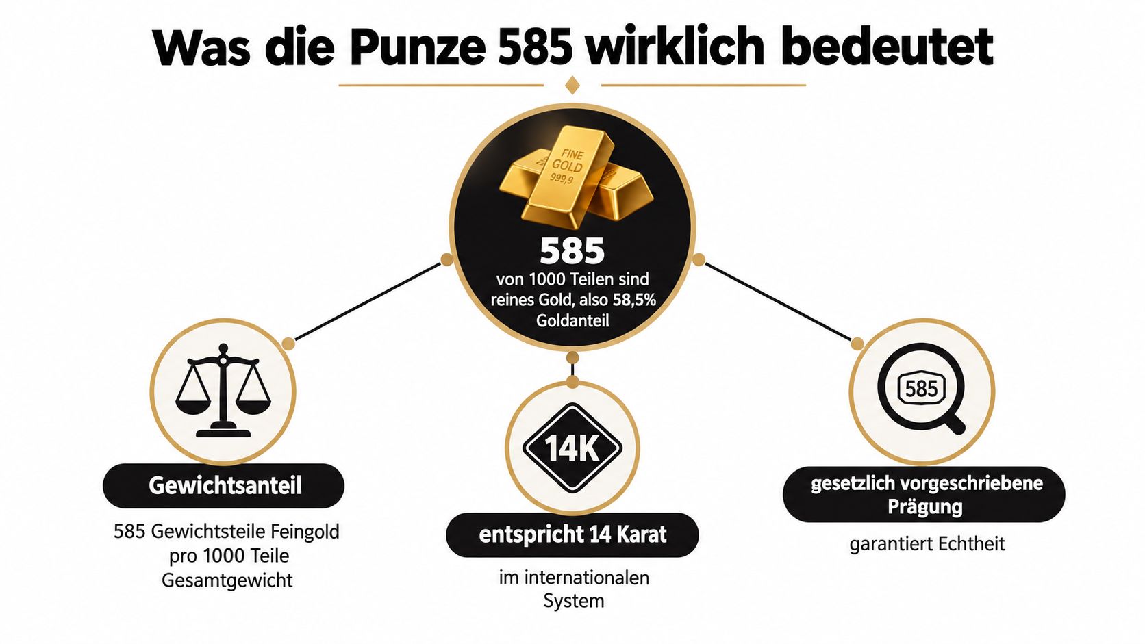 Infografik zur Erklärung der Goldpunze 585, die den Feingoldanteil sowie die internationale Karat-Kennzeichnung anschaulich darstellt.