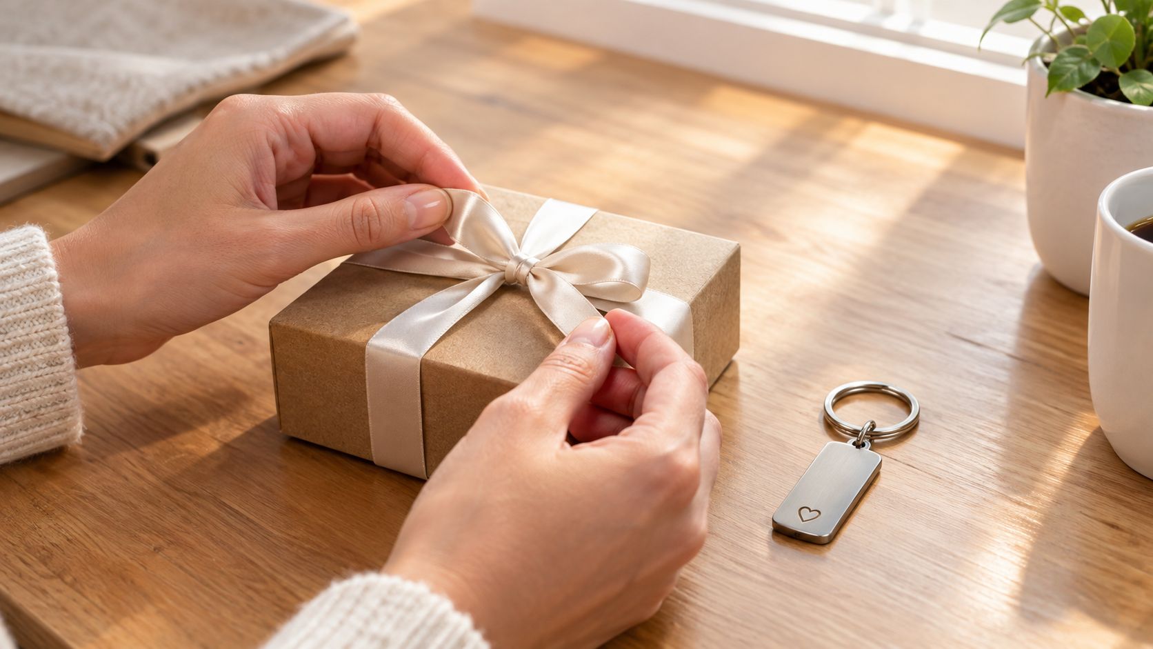 Eine Person verpackt ein Geschenk mit einer weißen Schleife neben einem schlichten silbernen Schlüsselanhänger auf einem Holztisch.