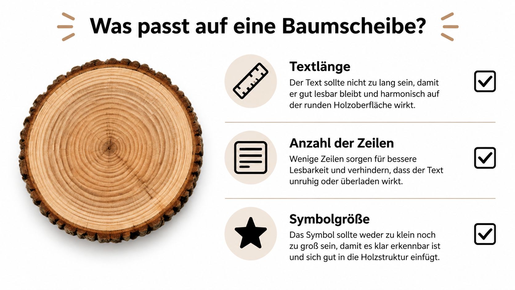 Eine Infografik mit Tipps zur Gestaltung von personalisierten Baumscheiben mit Gravur, Text und passenden Symbolgrößen.