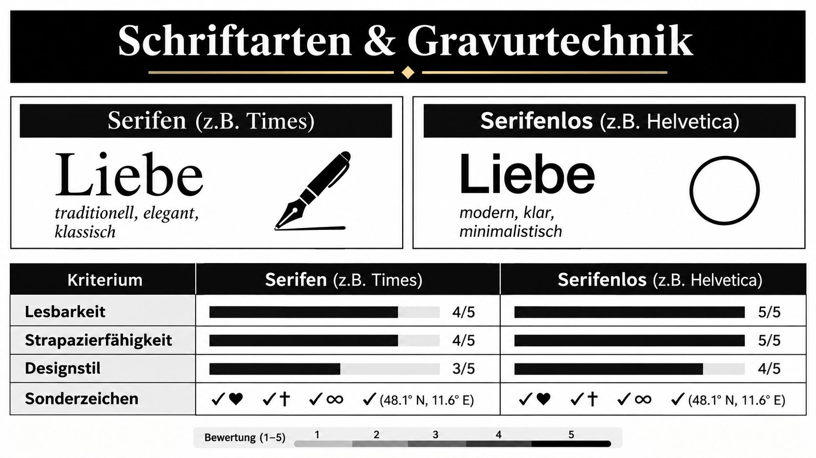Vergleich zwischen Serifenschrift und serifenloser Schrift für Gravuren auf Männerschmuck mit Bewertung der Lesbarkeit und Designstile.