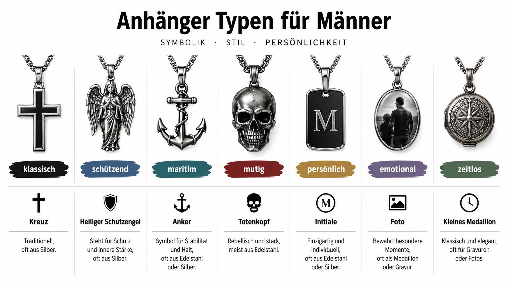 Eine Übersicht über verschiedene Arten von Anhängern für Herrenhalsketten mit Symbolik und Stiltypen für jeden Anlass.