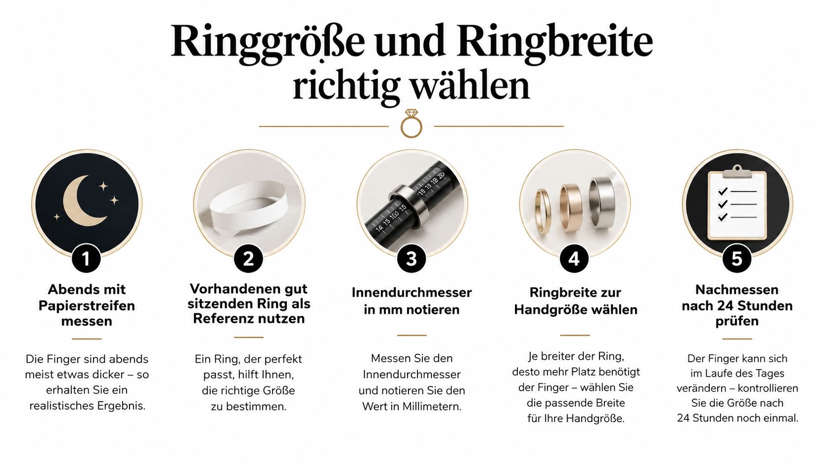 Eine Infografik, die fünf einfache Schritte zur Bestimmung der richtigen Ringgröße und Ringbreite anschaulich erklärt.