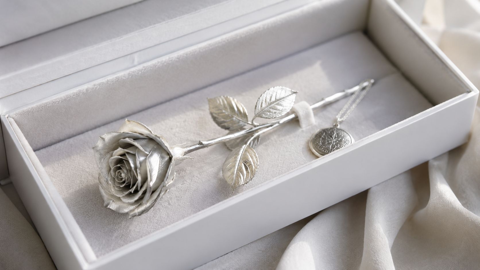Eine elegante silberne Rose mit einer passenden Halskette liegt wunderschön präsentiert in einer luxuriösen weißen Geschenkbox.