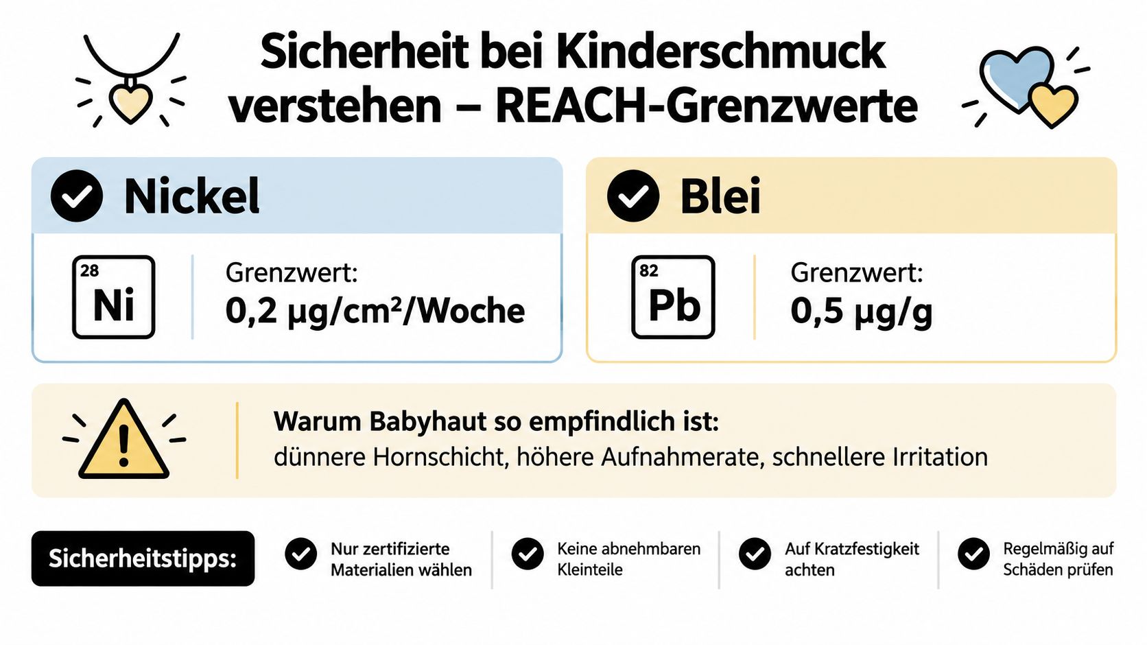 Infografik zu REACH-Grenzwerten für Nickel und Blei in Kinderschmuck sowie wichtige Sicherheitstipps für sensible Babyhaut.