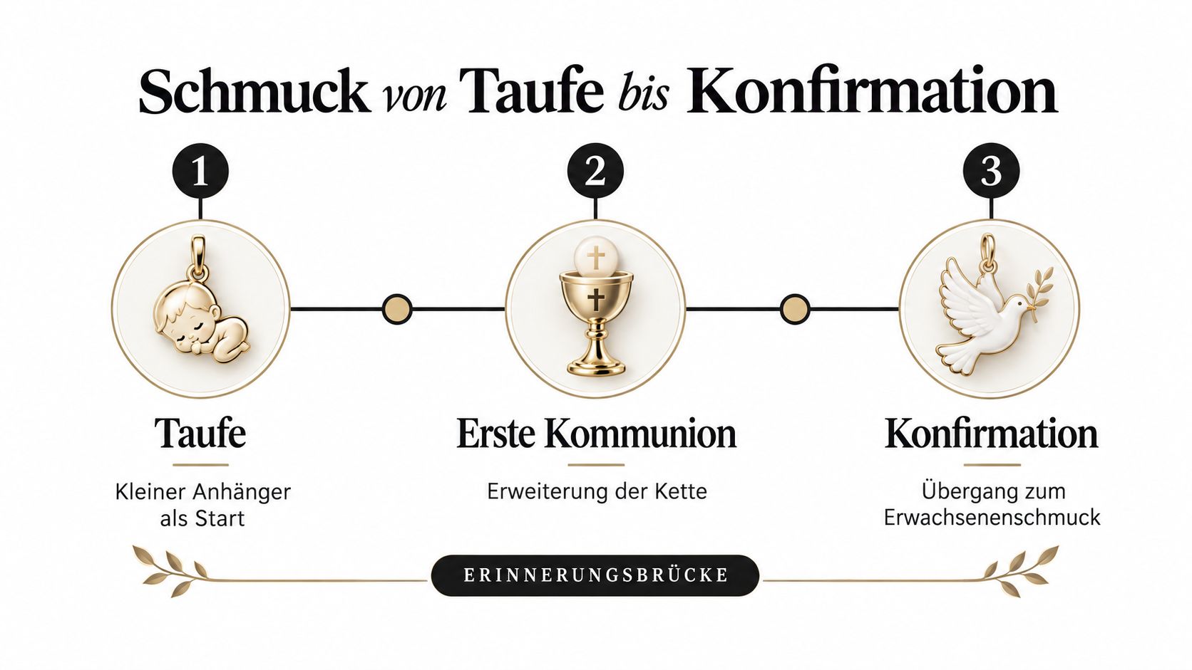 Eine grafische Übersicht für religiösen Schmuck von der Taufe bis hin zur Konfirmation mit drei verschiedenen Anhängern.