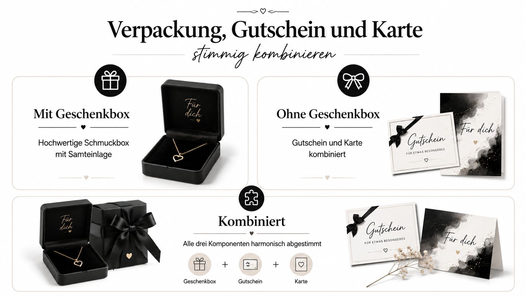 Verschiedene Geschenkverpackungsoptionen mit Schmuckbox, Gutschein und Grußkarte für ein harmonisch abgestimmtes Präsent.