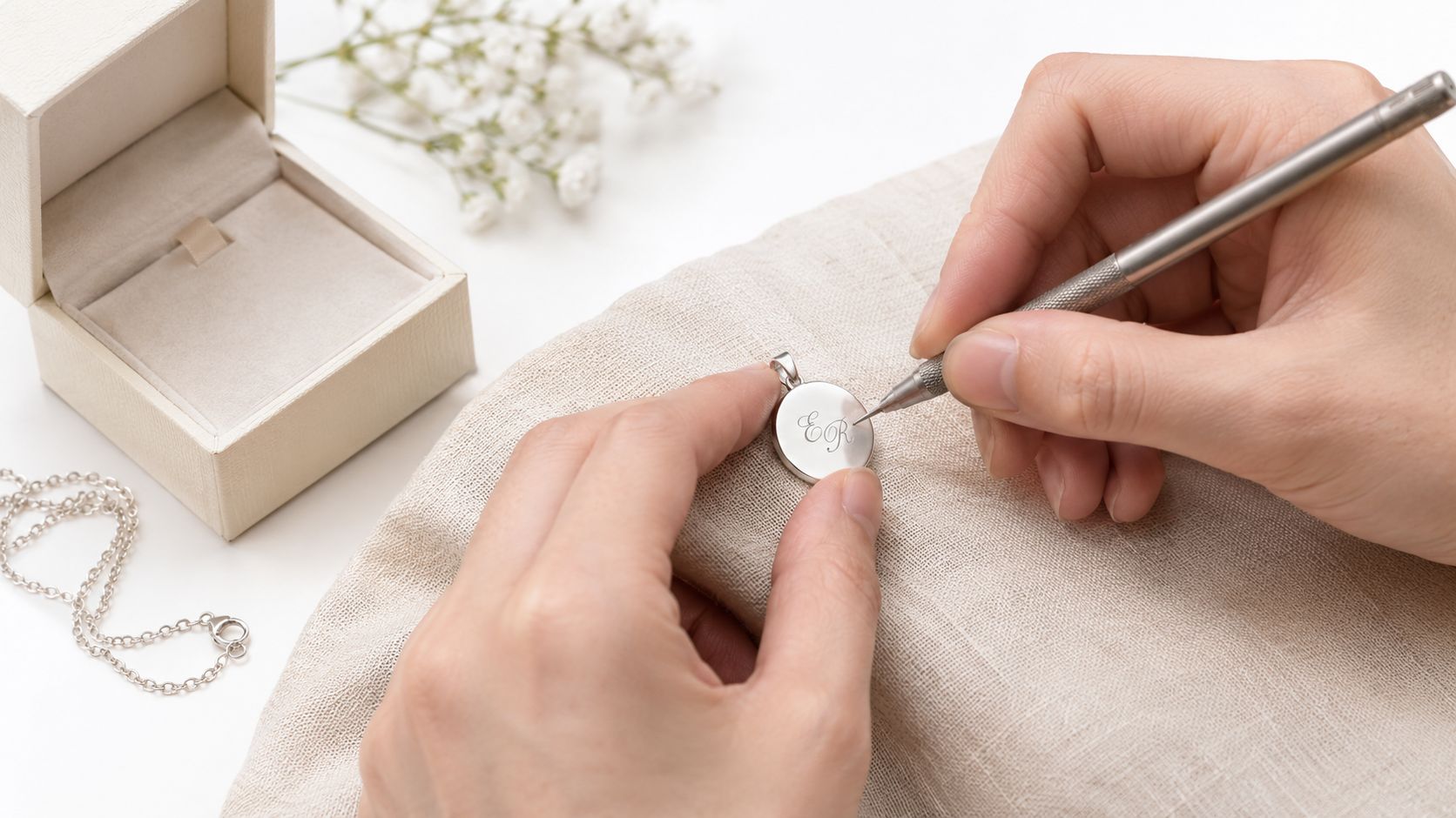 Eine Person graviert mit einem Stift feine Initialen in einen kleinen runden silbernen Anhänger auf einem Stofftuch.