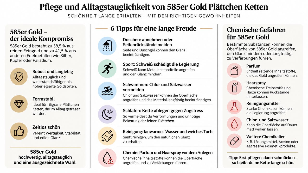 Infographie sur l’entretien et l’adaptation au quotidien des chaînes à plaques en or 585 pour préserver durablement la beauté du bijou.