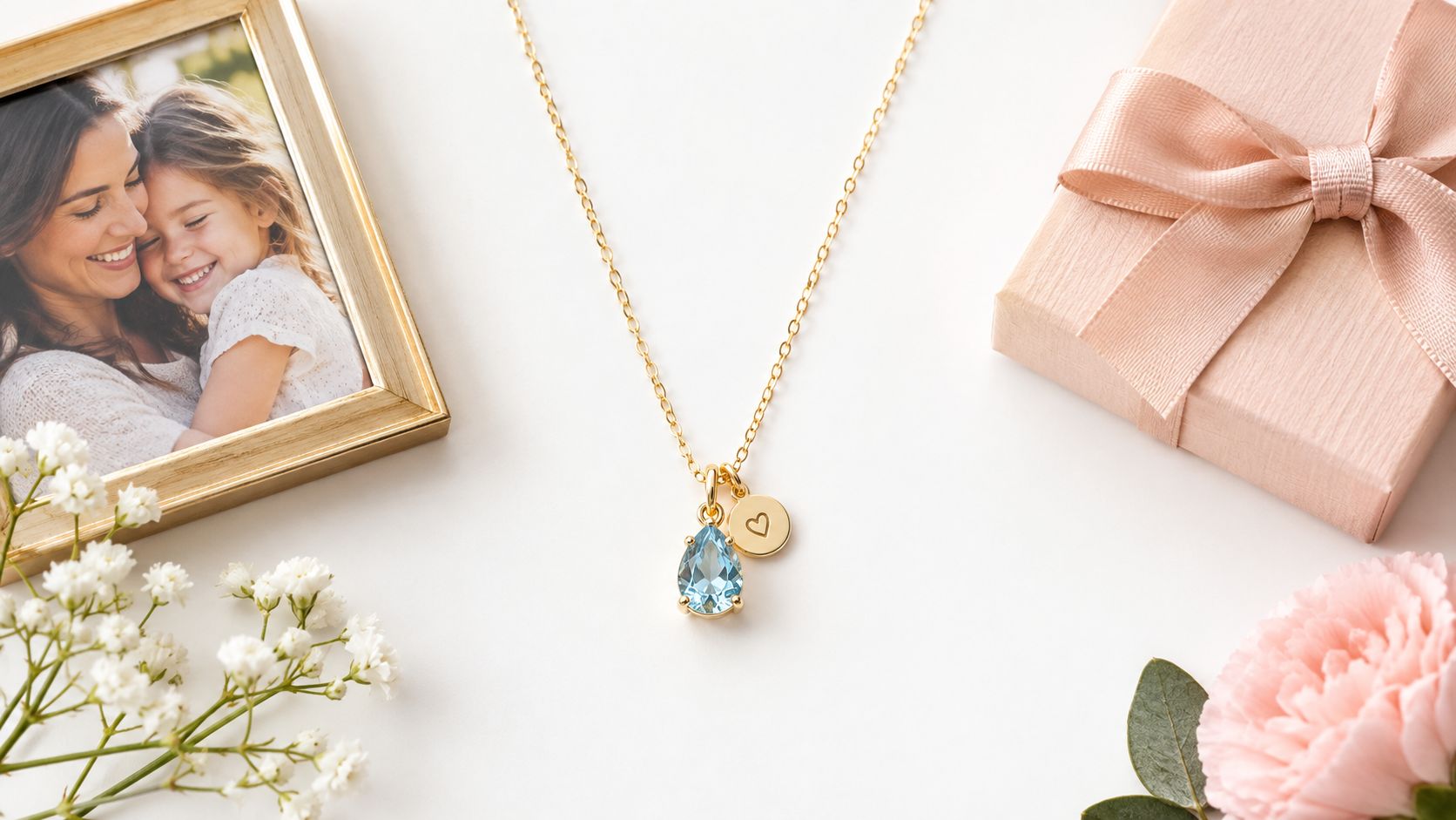 Un collier doré avec un pendentif goutte bleu et une petite médaille en forme de cœur, à côté d’une photo d’une mère et de son enfant.