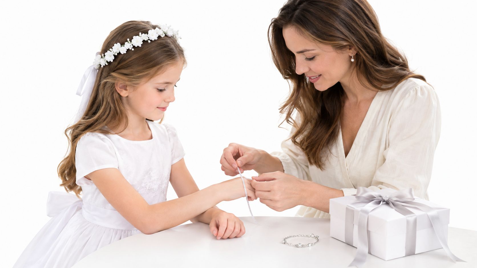 Eine Mutter legt ihrer Tochter zur Kommunion ein schönes Armband an einem hellen Tisch an.
