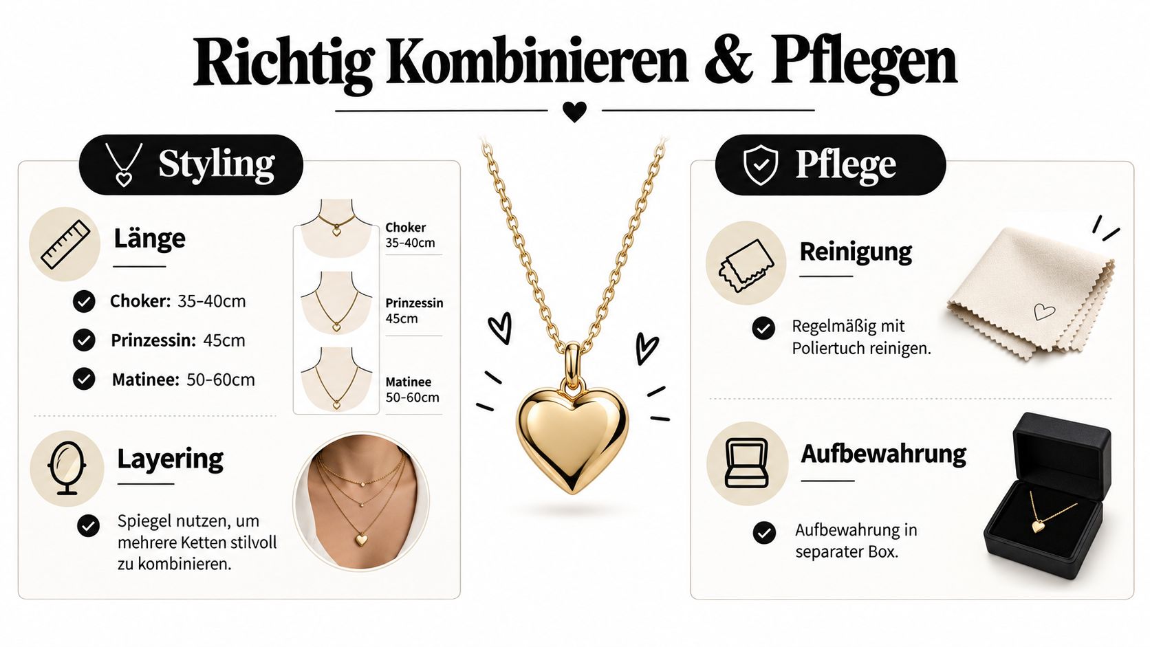 Infografik über die richtige Kombination und Pflege einer goldenen Halskette mit Herzanhänger für optimale Langlebigkeit.