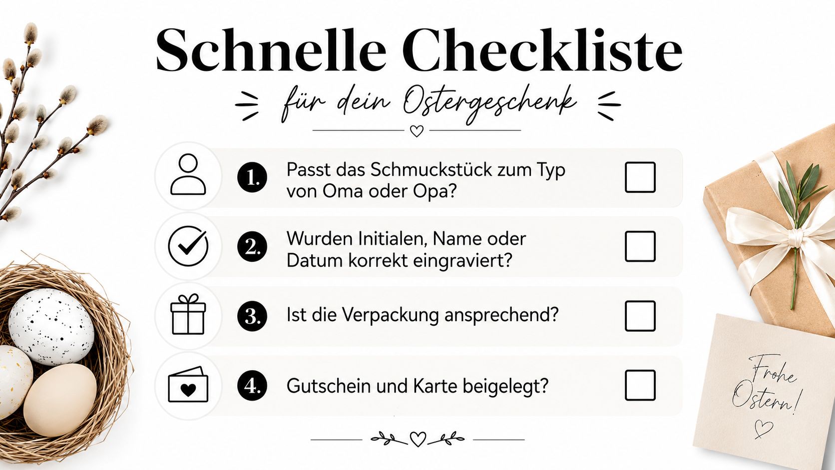 Eine grafische Checkliste für ein Ostergeschenk für Oma und Opa mit vier hilfreichen Tipps zum Abhaken.