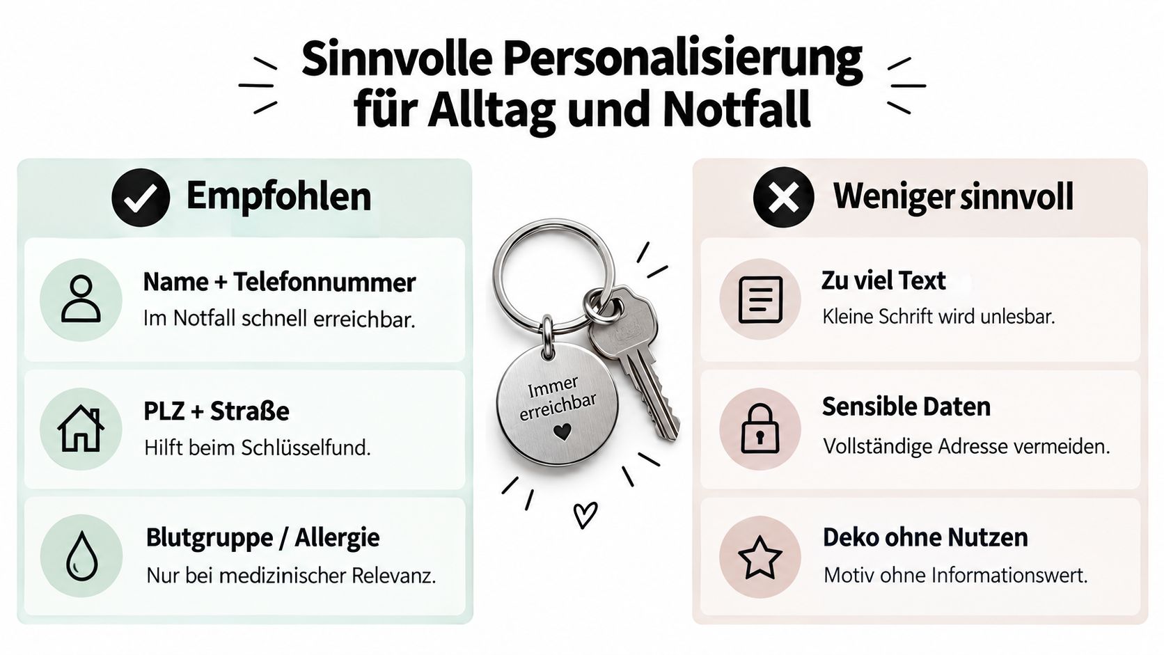 Eine Infografik mit Empfehlungen für die sinnvolle Personalisierung eines Schlüsselanhängers für Alltag und Notfälle.