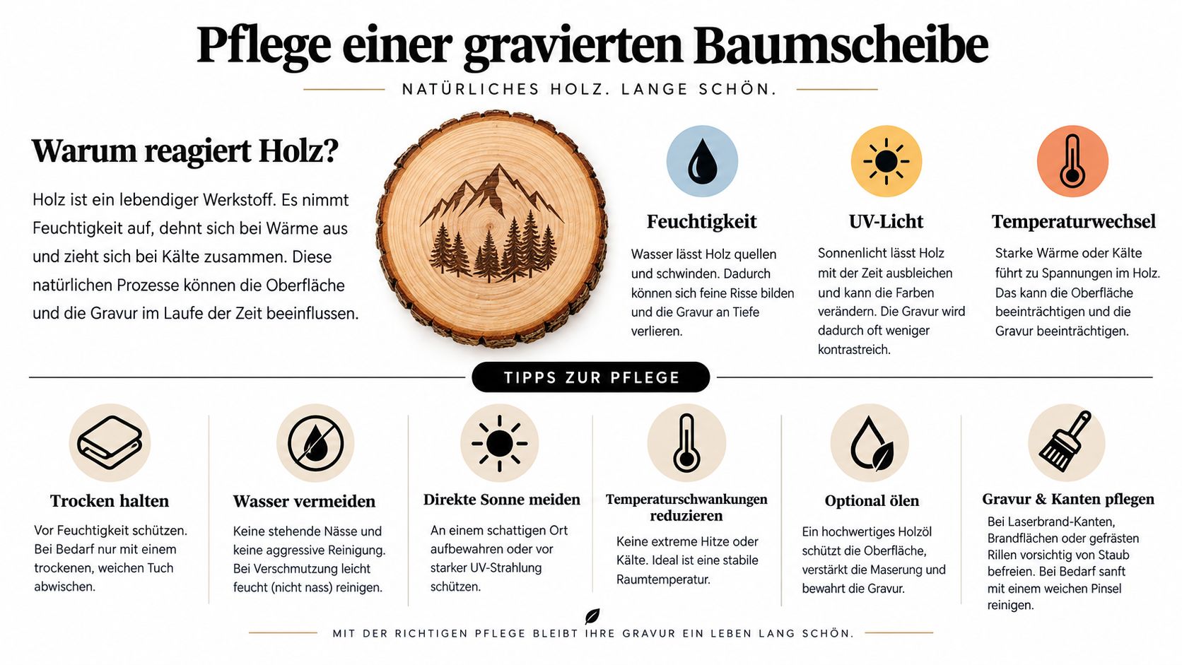 Infografik zur Pflegeanleitung für gravierte Baumscheiben mit Tipps zum Schutz vor Feuchtigkeit, Sonne und Temperaturschwankungen.