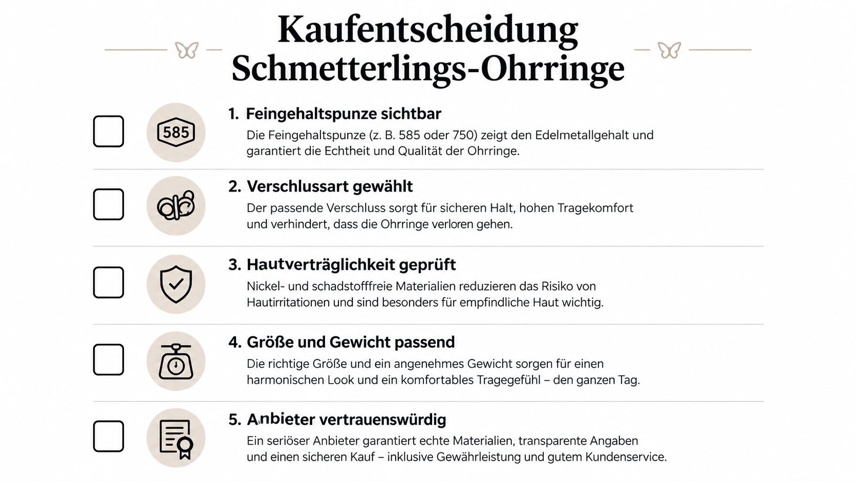 Checkliste für den Kauf von Schmetterlings-Ohrringen mit fünf wichtigen Kriterien für Qualität, Tragekomfort und Sicherheit.