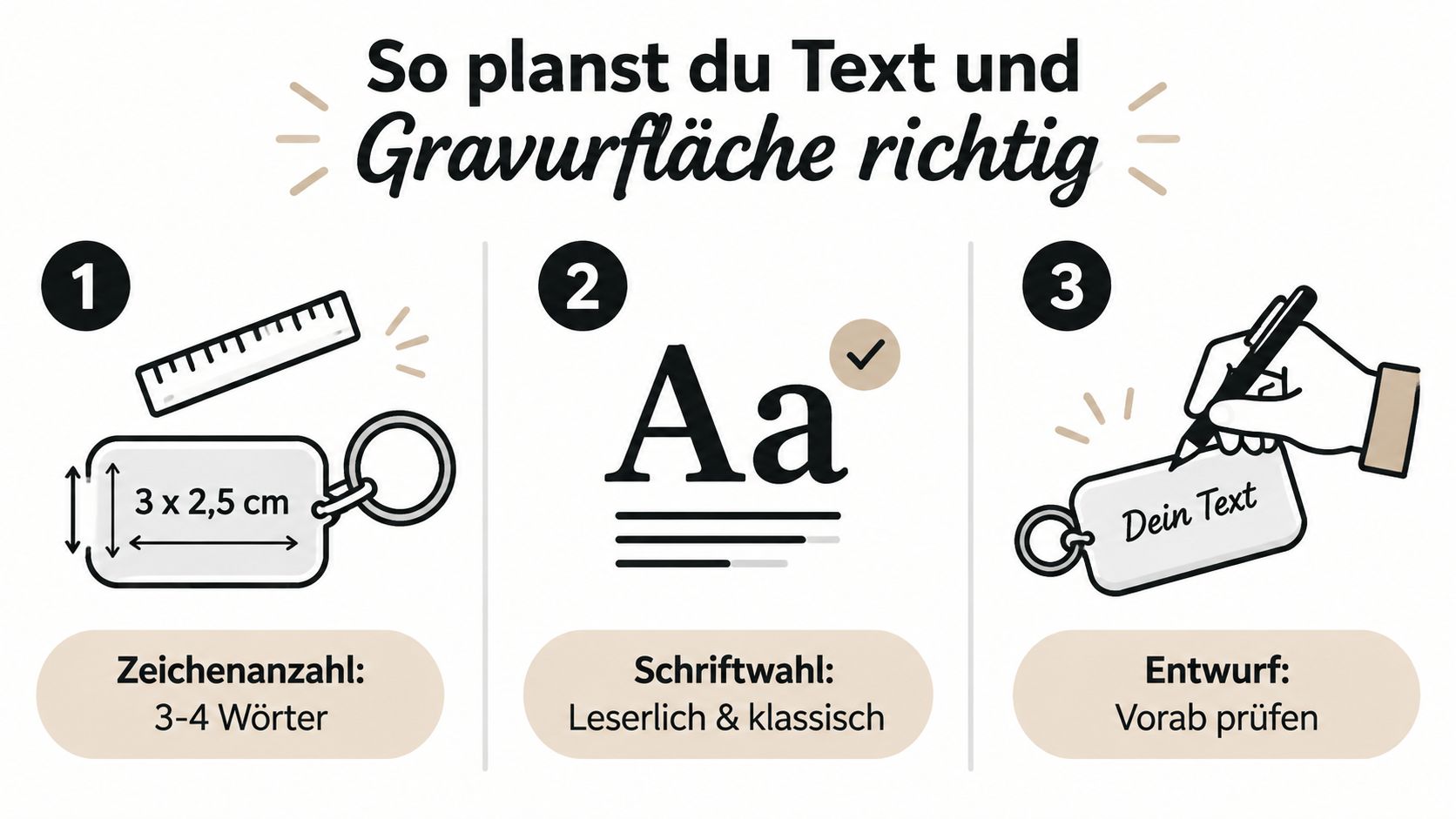 Eine dreischrittige Anleitung zur Planung von Text und Gravurfläche für einen individuell gravierten Schlüsselanhänger mit den Maßen 3x2,5cm.