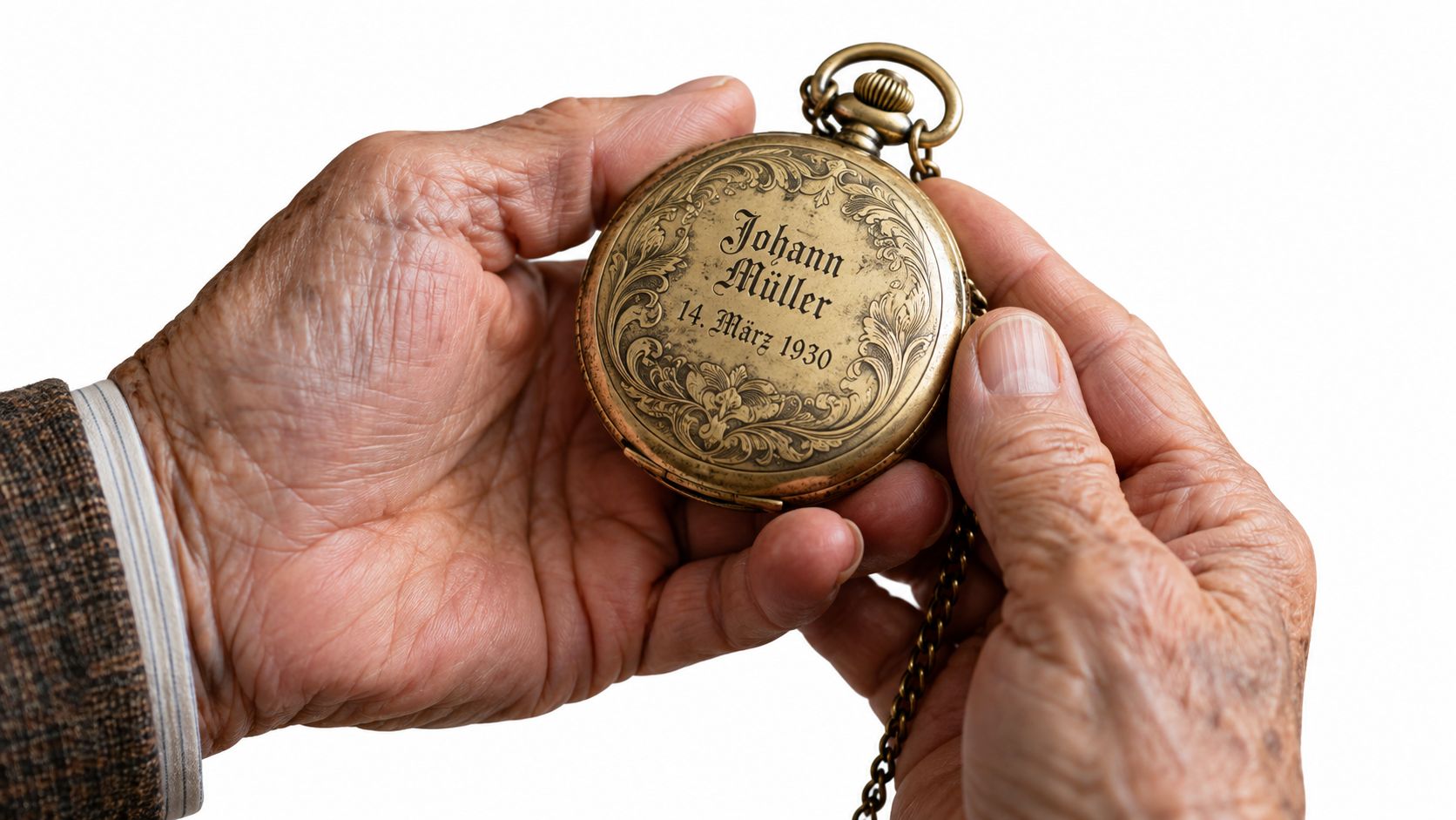 Ein älterer Mann hält eine gravierte goldene Taschenuhr mit dem Namen Johann Müller in seinen Händen.