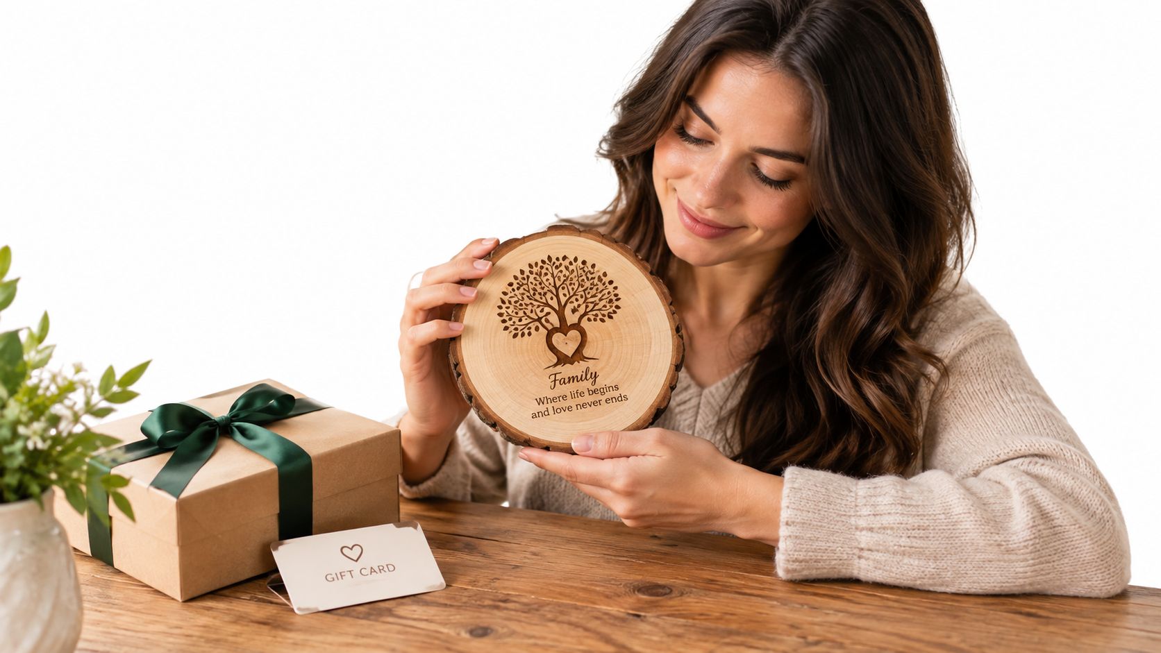 Eine Frau hält eine gravierte Baumscheibe mit einem Lebensbaum-Motiv in den Händen, neben einem liebevoll verpackten Geschenk.