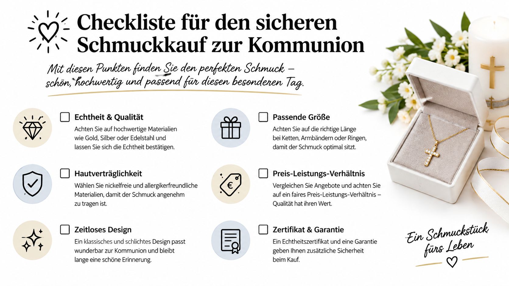 Eine Checkliste für den sicheren Kauf von Schmuck als Kommunionsgeschenk für Mädchen mit hilfreichen Tipps.
