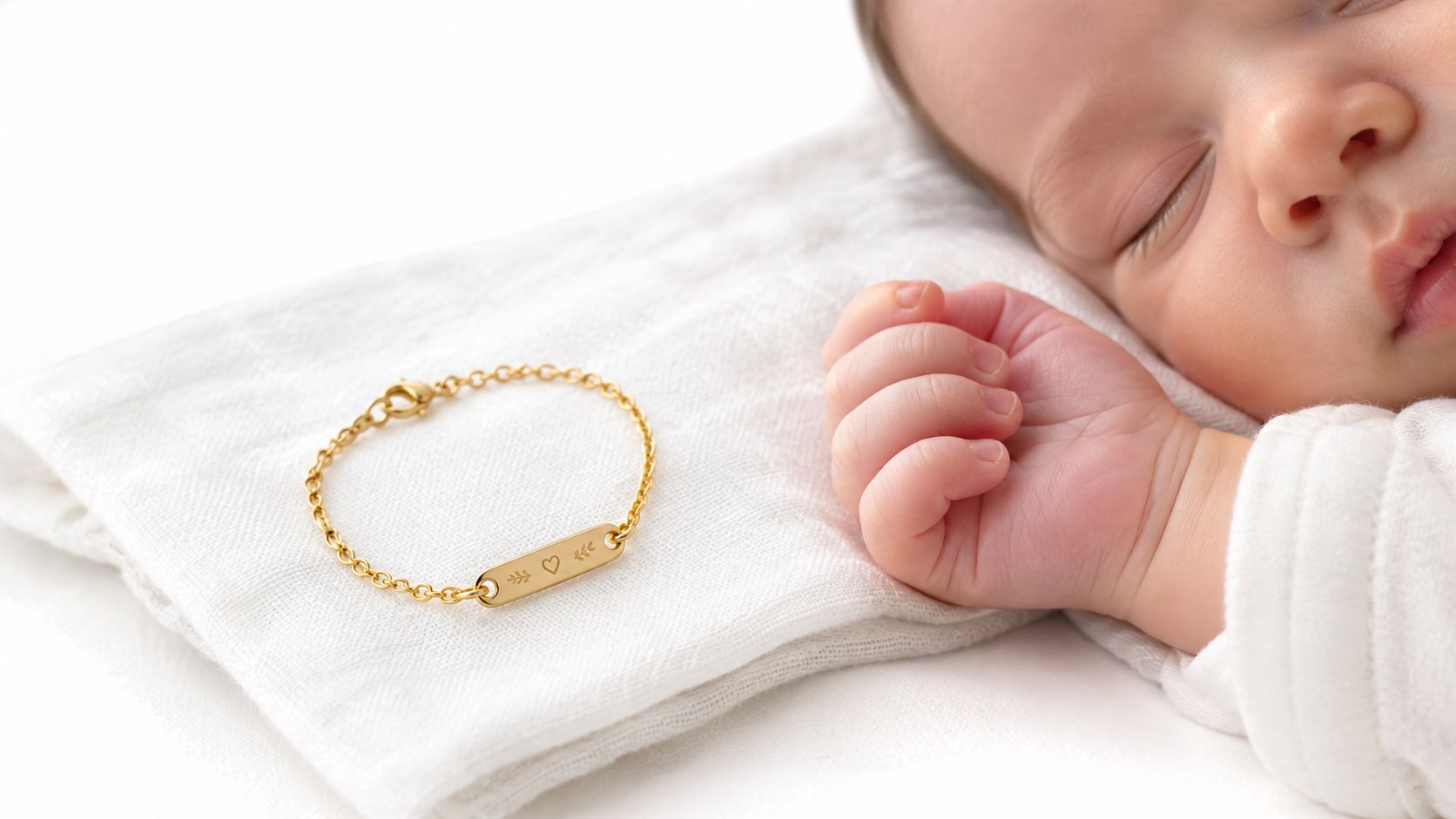 Una delicada pulsera de oro para bebé con un grabado de corazón yace junto a la mano de un recién nacido dormido sobre una tela blanca.