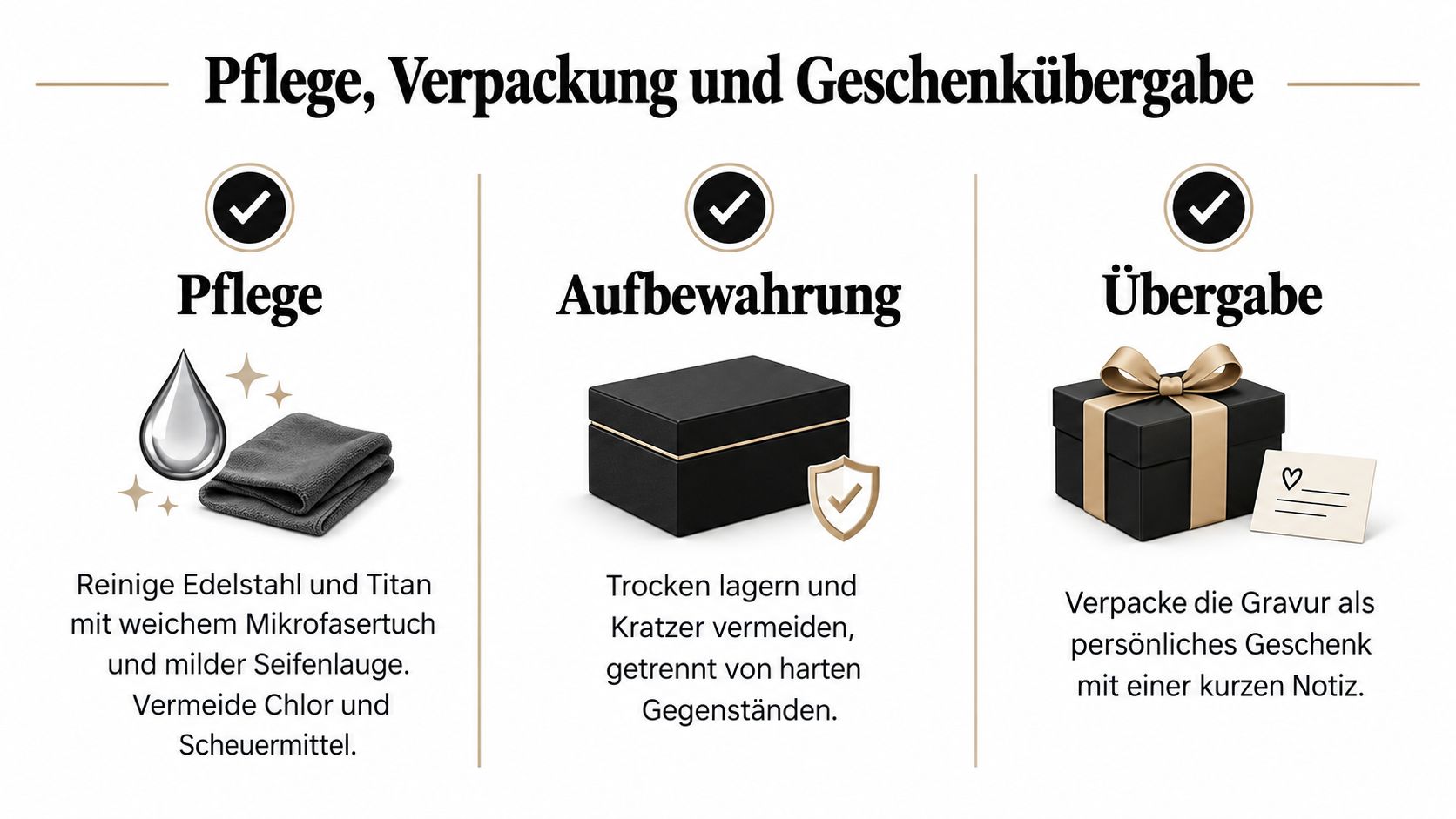 Eine Infografik über die Pflege, Aufbewahrung und Geschenkverpackung von hochwertigen Gravur-Produkten aus Edelstahl oder Titan.